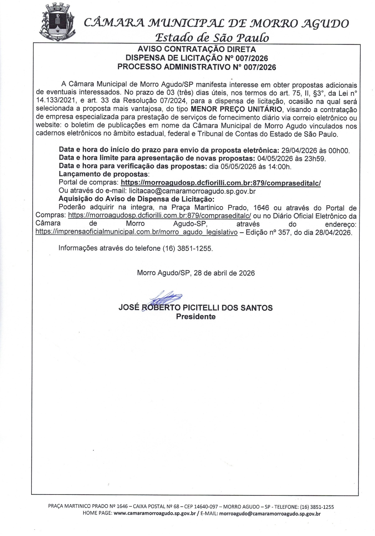 AVISO DE CONTRATAÇÃO DIRETA