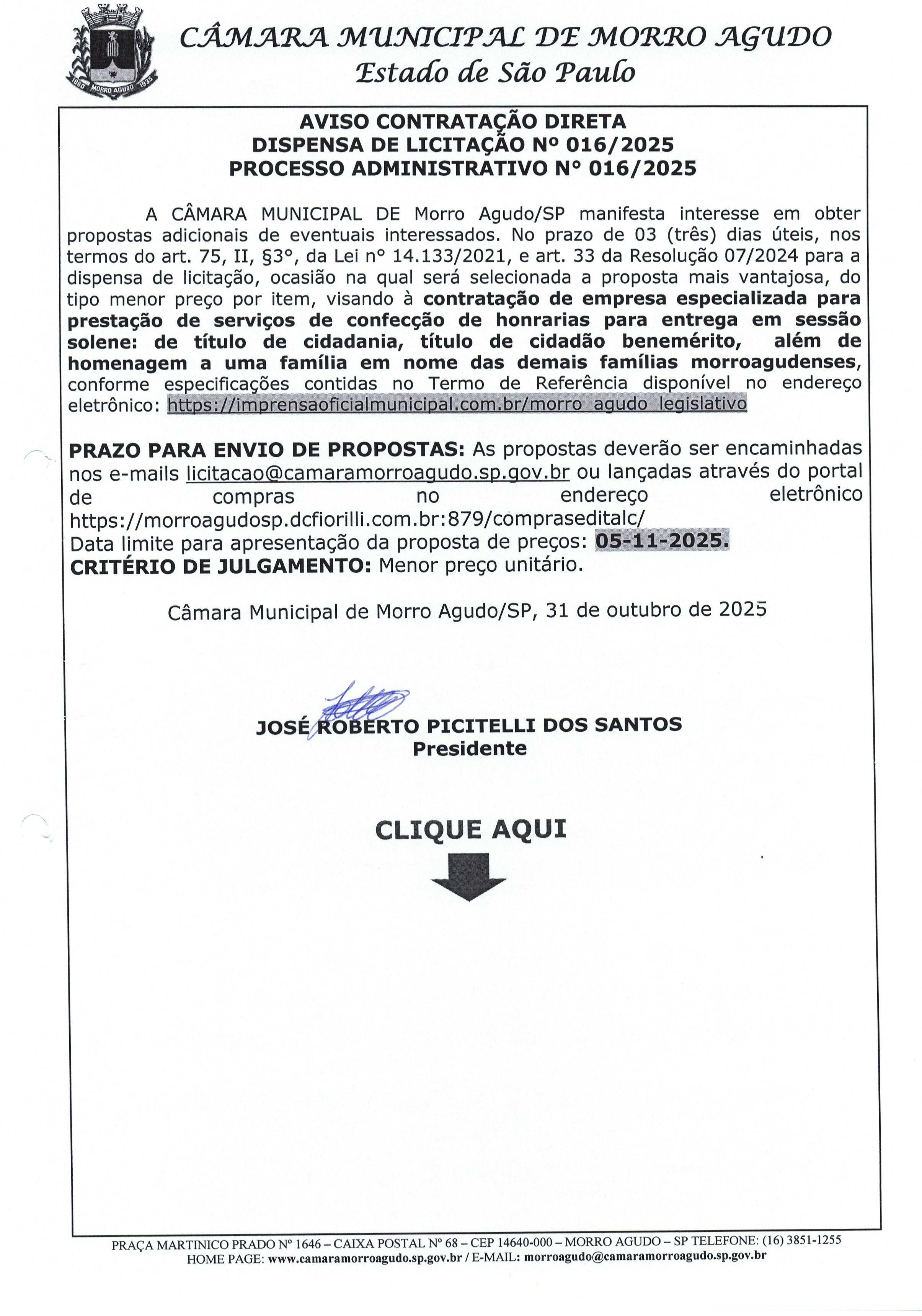 AVISO DE CONTRATAÇÃO DIRETA